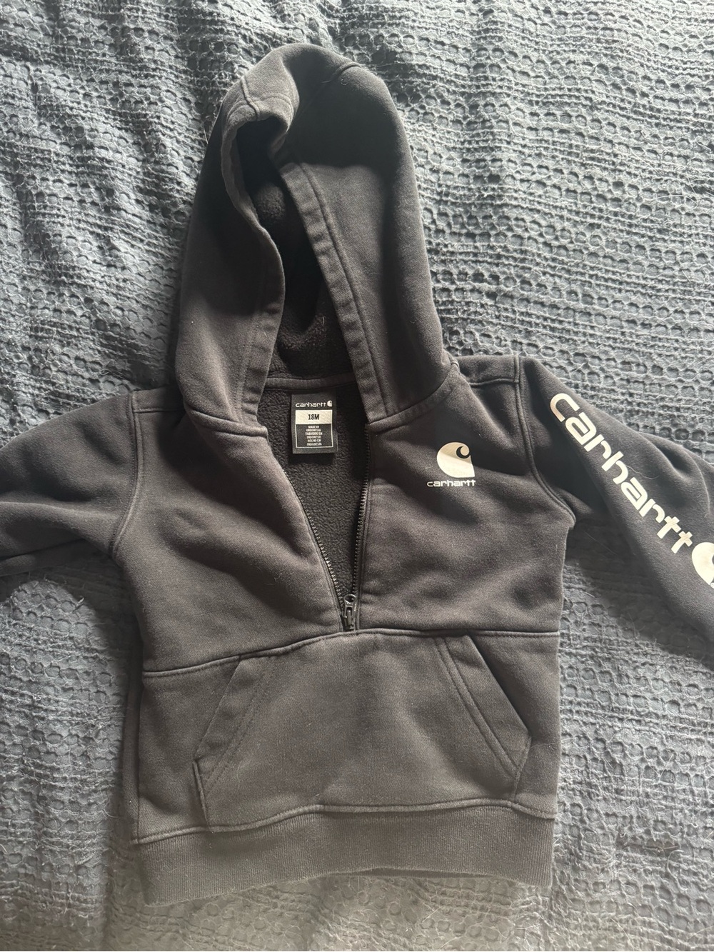 Carhartt Kids Black Half-Zip Hooded Sweatshirt with Logo Sleeve